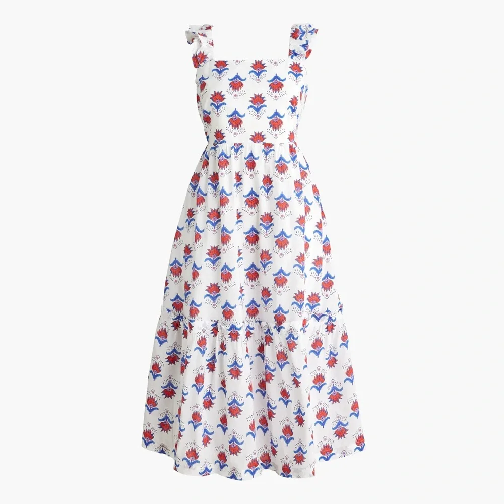 NEW J. Crew Square Neck Midi Dress in Floral Red White Blue Print - 18